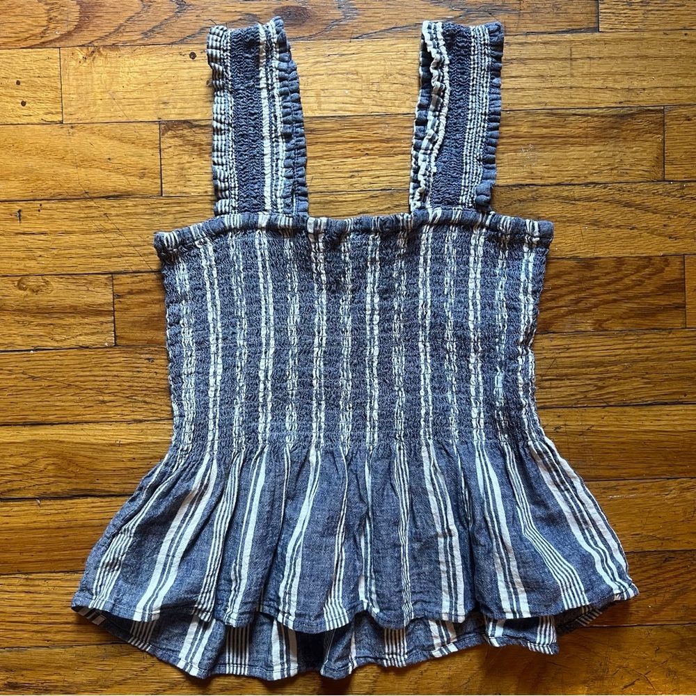 Adorable Anthropologie Maeve Ruched Peplum Style Blue Stripe Tank XS